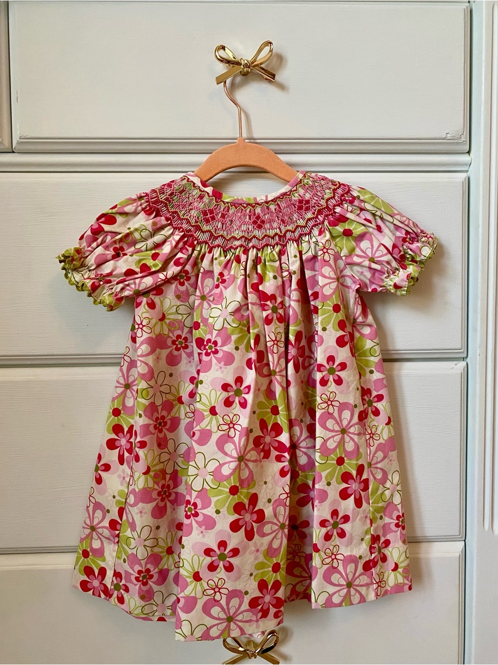 Girls Pink Floral Smocked Cotton Dress